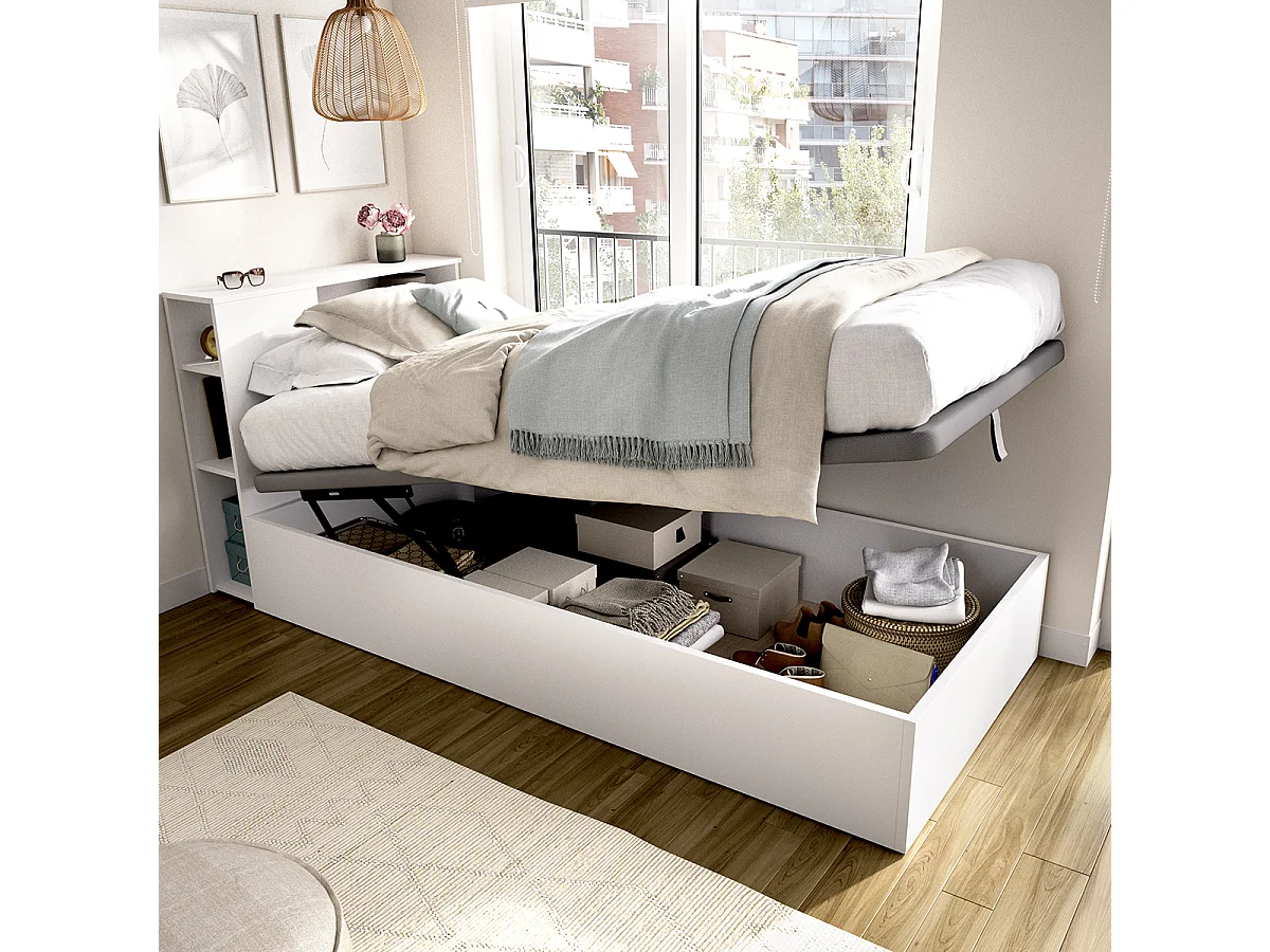 Lit coffre 90x190 avec tête de lit et rangement intégré – Sommier relevable – Coloris blanc