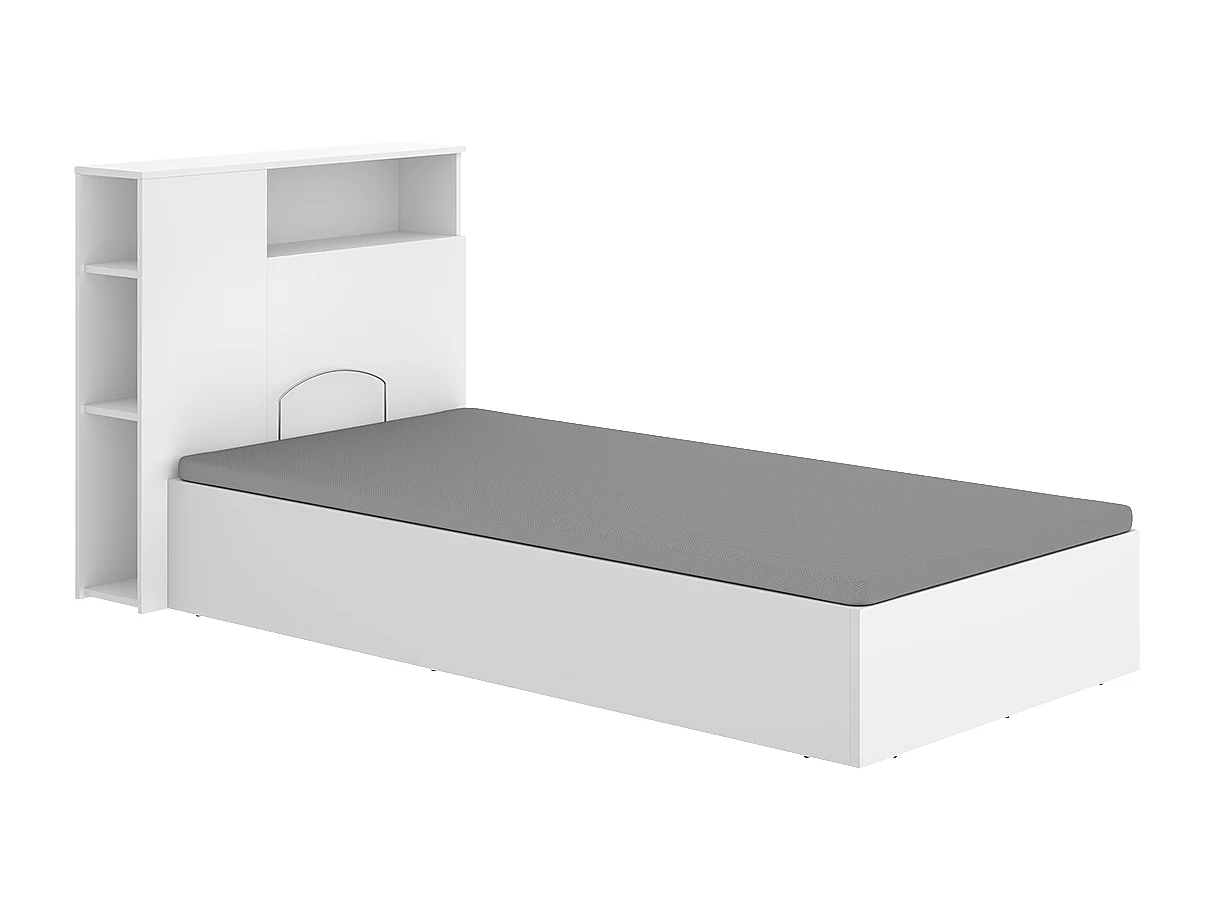 Lit coffre 90x190 avec tête de lit et rangement intégré – Sommier relevable – Coloris blanc