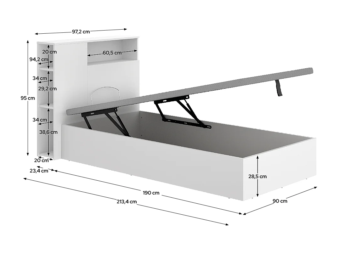 Lit coffre 90x190 avec tête de lit et rangement intégré – Sommier relevable – Coloris blanc