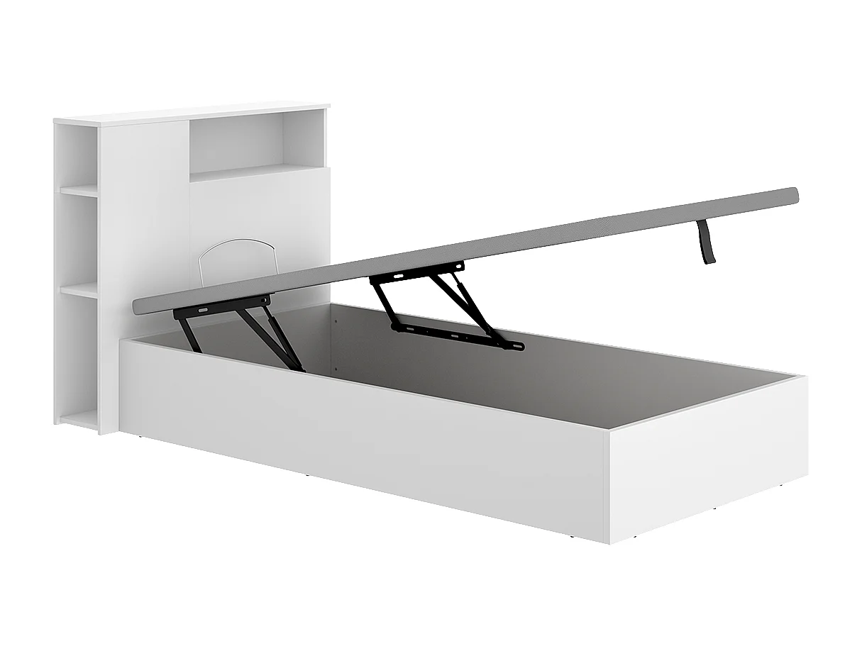 Lit coffre 90x190 avec tête de lit et rangement intégré – Sommier relevable – Coloris blanc