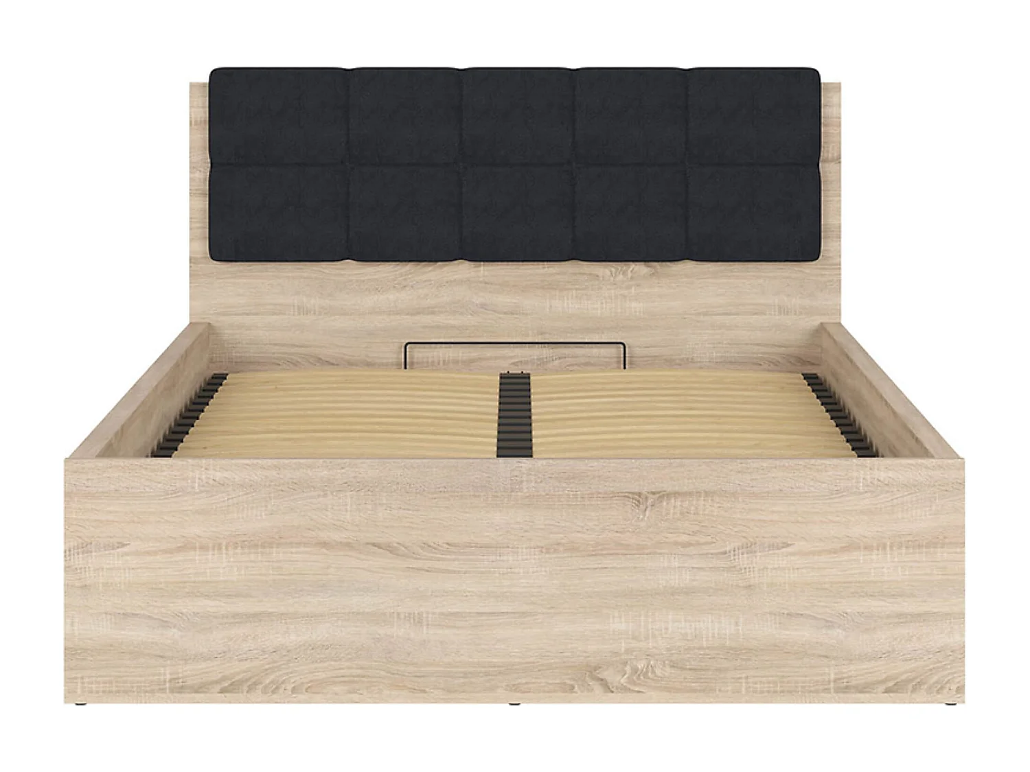 Lit adule 140x200 avec tête de lit capitonnée noir,sommier et rangement, coloris chêne Sonoma - Longueur 204,5 x Profondeur 149 x Hauteur 95/40,5 cm
