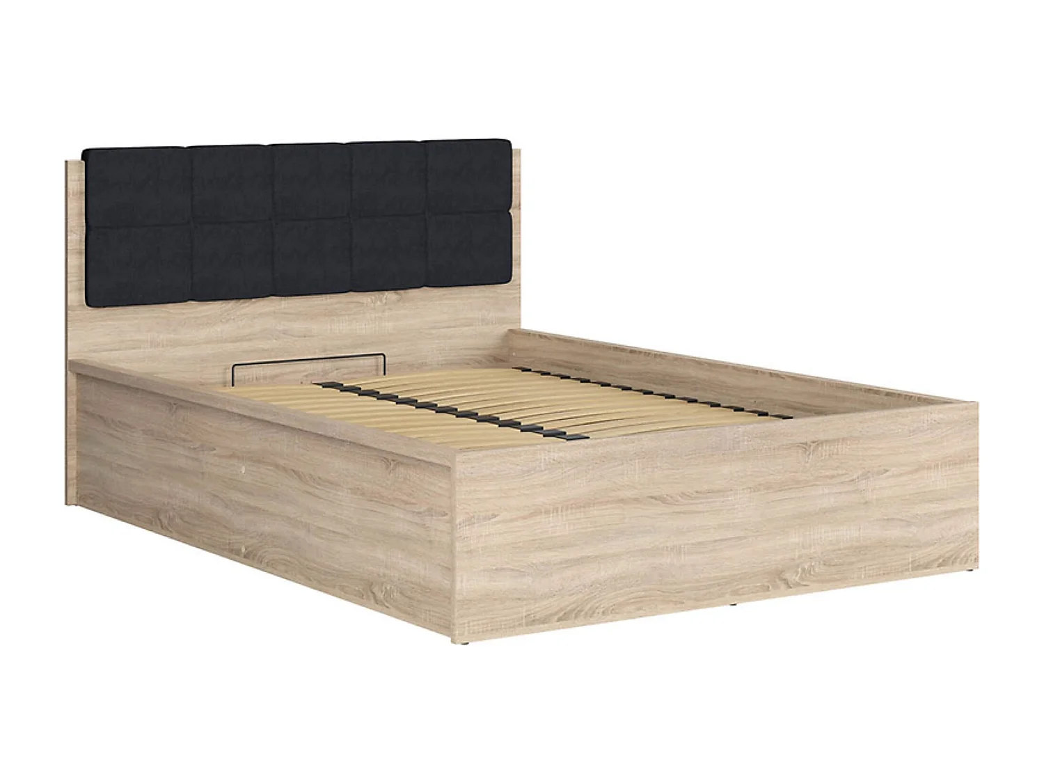 Lit adule 140x200 avec tête de lit capitonnée noir,sommier et rangement, coloris chêne Sonoma - Longueur 204,5 x Profondeur 149 x Hauteur 95/40,5 cm