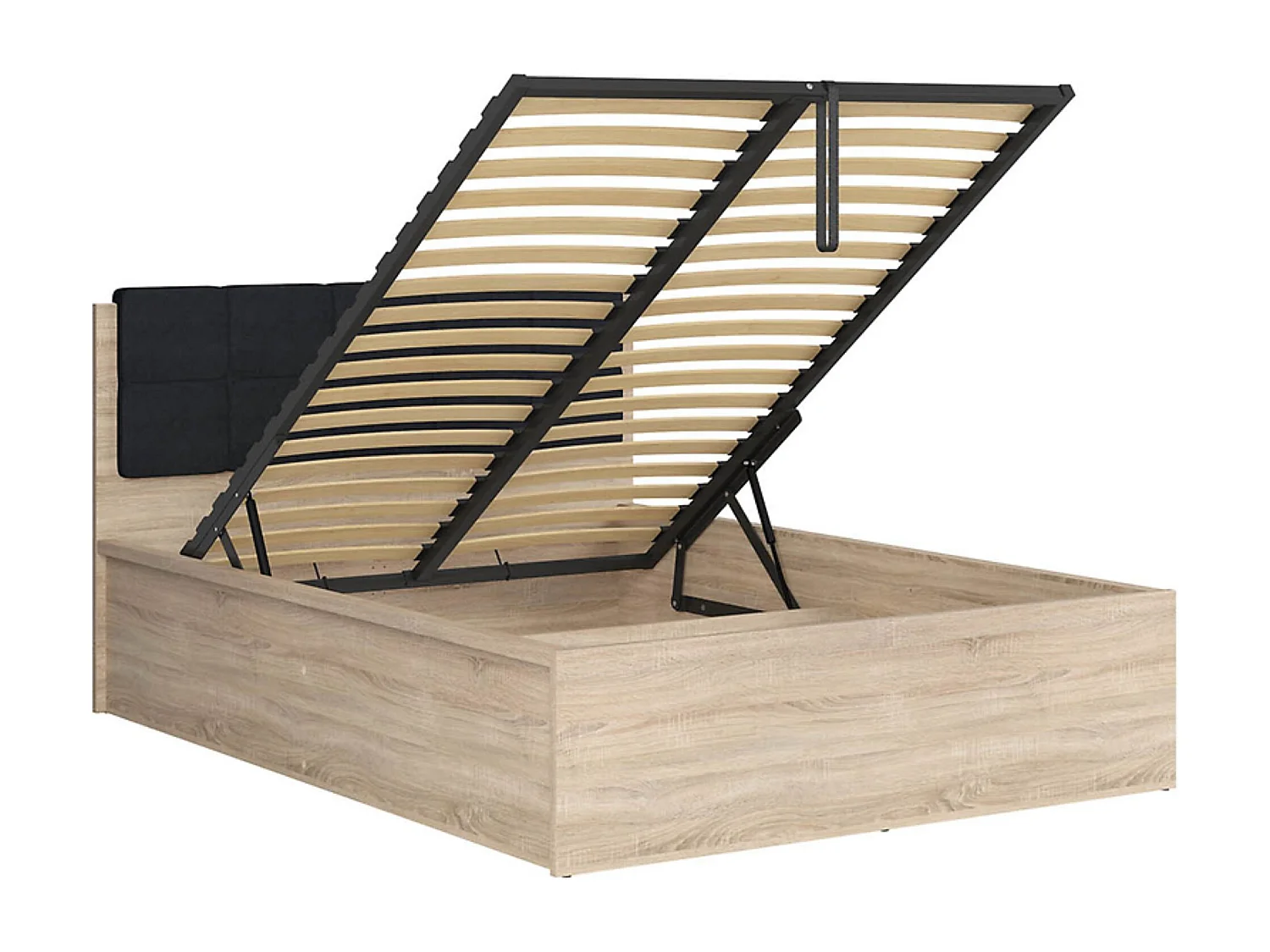 Lit adule 140x200 avec tête de lit capitonnée noir,sommier et rangement, coloris chêne Sonoma - Longueur 204,5 x Profondeur 149 x Hauteur 95/40,5 cm