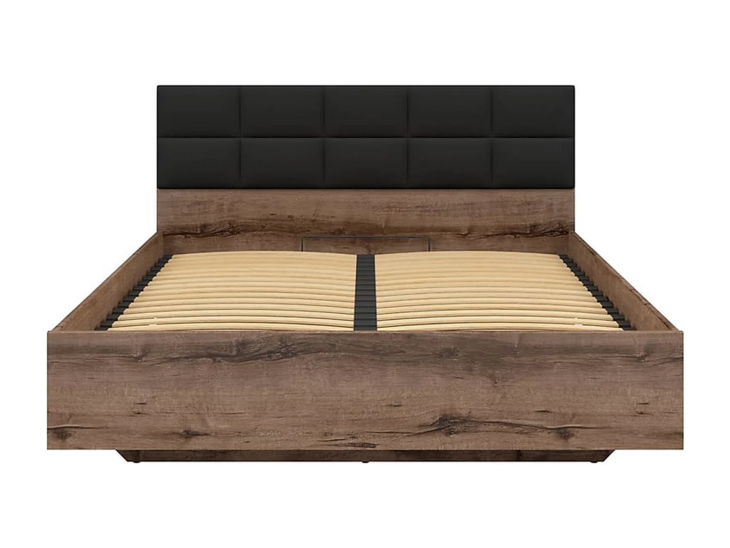 Lit coffre 160x200 avec tête de lit rembourrée noir, sommier et rangement ,coloris Chêne marron foncé - Longueur 206 x Profondeur 165 x Hauteur 42-98,5 cm