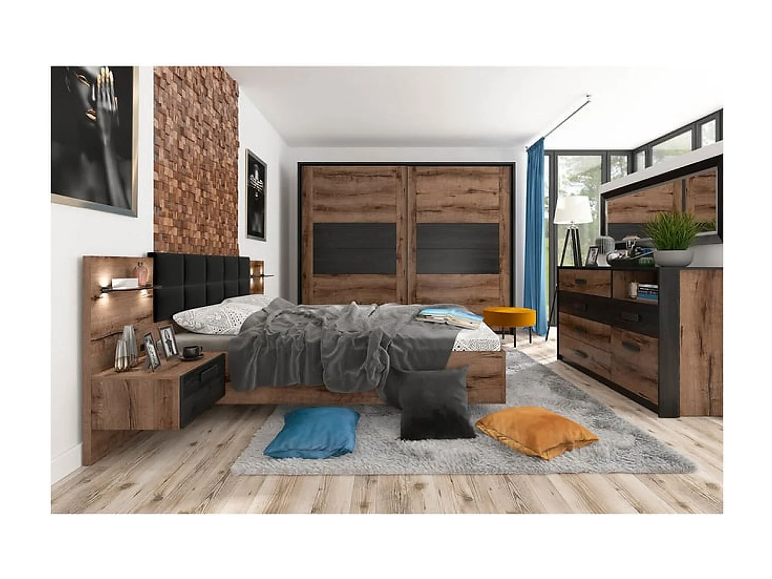 Lit coffre 160x200 avec tête de lit rembourrée noir, sommier et rangement ,coloris Chêne marron foncé - Longueur 206 x Profondeur 165 x Hauteur 42-98,5 cm