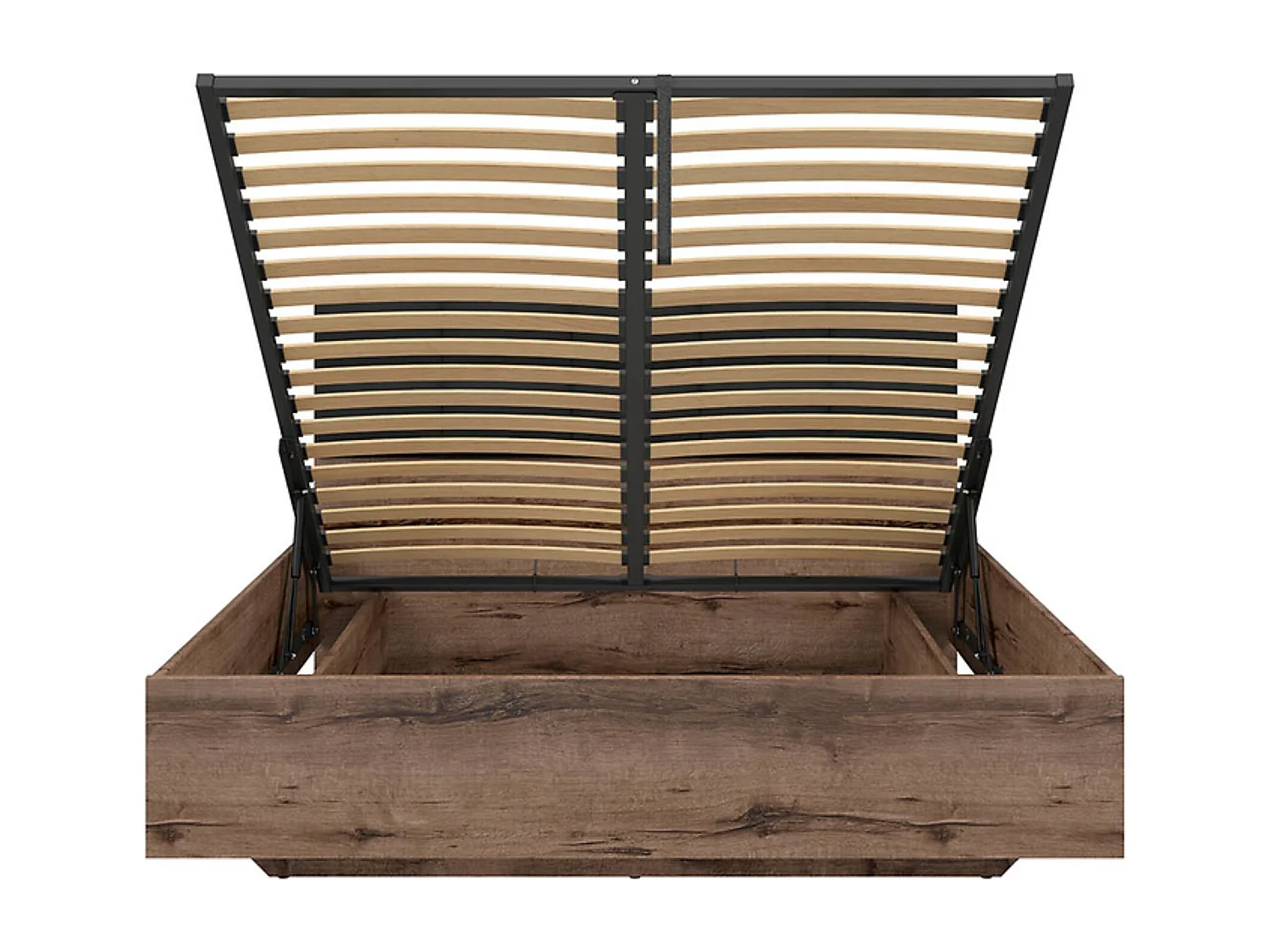 Lit coffre 160x200 avec tête de lit rembourrée noir, sommier et rangement ,coloris Chêne marron foncé - Longueur 206 x Profondeur 165 x Hauteur 42-98,5 cm