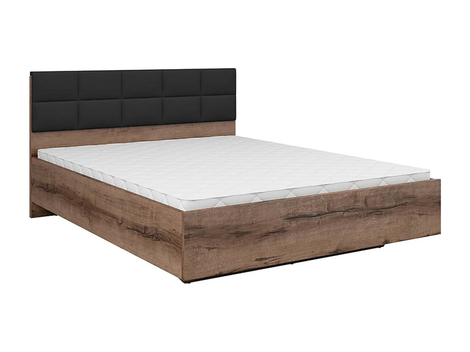 Lit coffre 160x200 avec tête de lit rembourrée noir, sommier et rangement ,coloris Chêne marron foncé - Longueur 206 x Profondeur 165 x Hauteur 42-98,5 cm