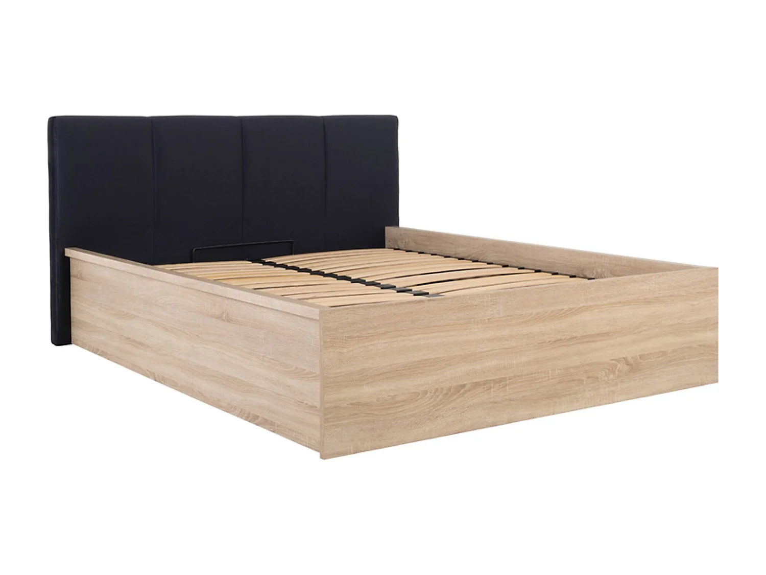 Lit adule 160x200 avec tête de lit embourrée noir,sommier et rangement, coloris chêne Sonoma - Longueur 204,5 x Profondeur 169 x Hauteur 95/40,5 cm