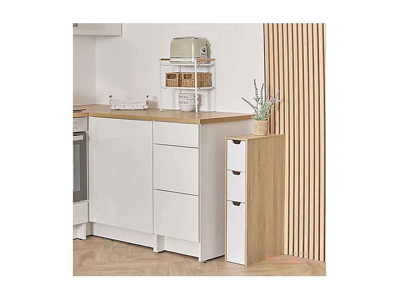 Meuble d'appoint de rangement à 3 tiroirs, coloris chêne/blanc - Longueur 40 x Profondeur 18 x Hauteur 80 cm