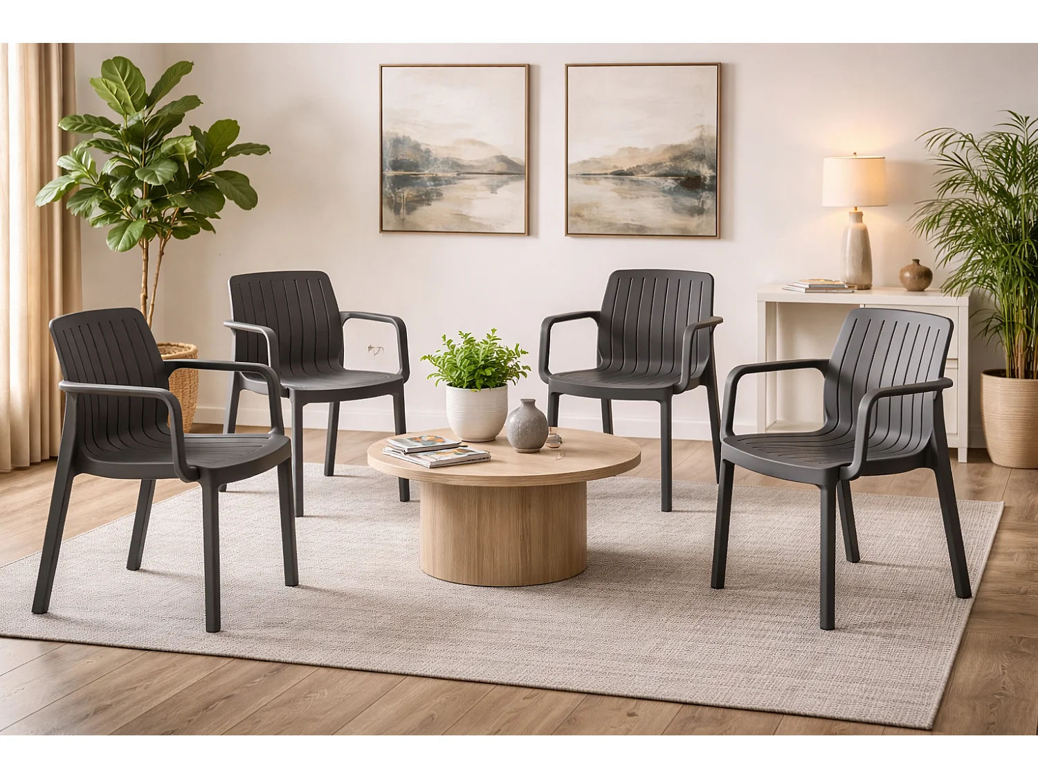 Lot de 6 chaises de jardin avec accoudoirs coloris Antracithe - Longueur 58 x Profondeur 53 x Hauteur 77 cm