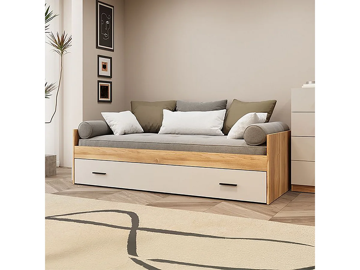 Lit simple 90x190 avec tiroir coloris Beige/chêne Mauvella - Longueur 202,6 x Hauteur 58 x Profondeur 98 cm