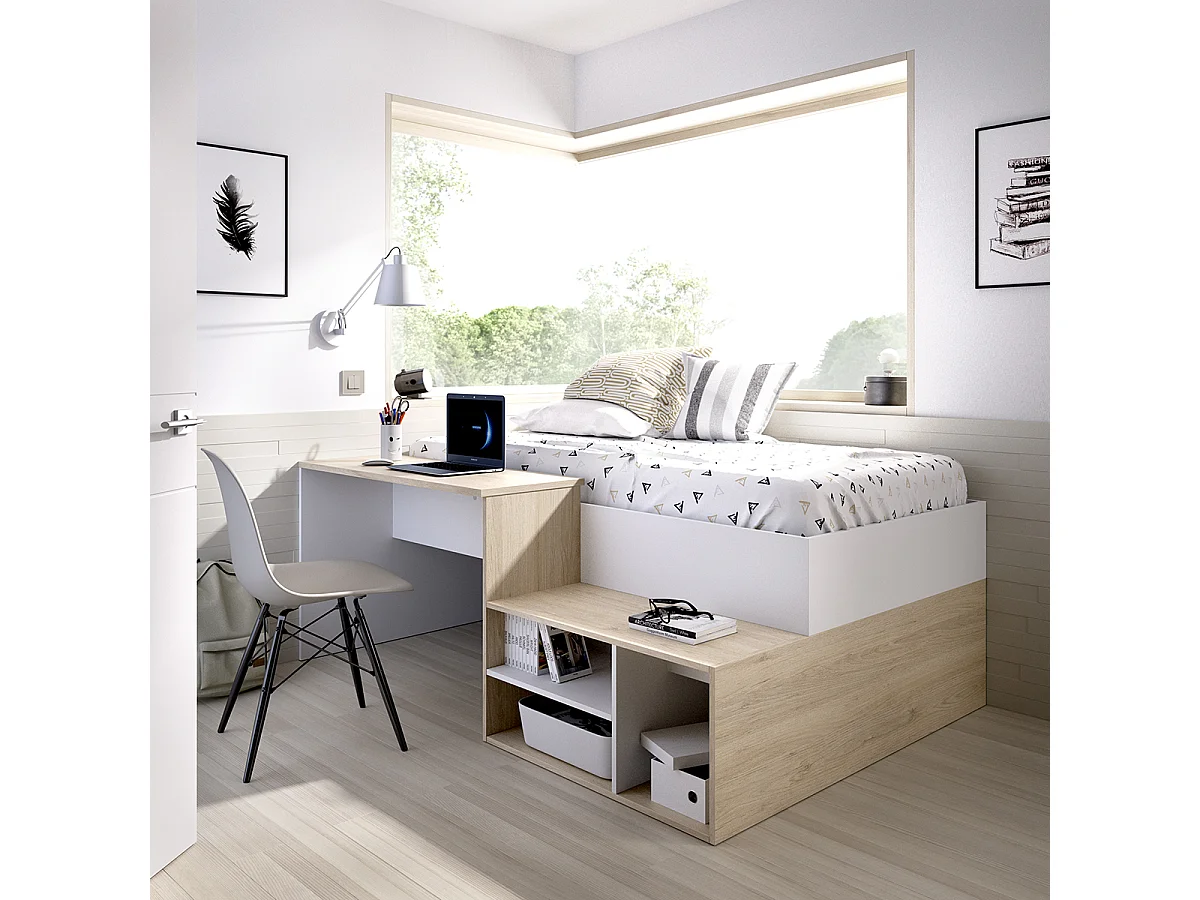 Lit 1 place 190x90 pour enfant combiné avec bureau et 3 compartiments de rangement, coloris blanc/naturel - Hauteur 72,7 x Longueur 133,8 x Profondeur 195,2 cm