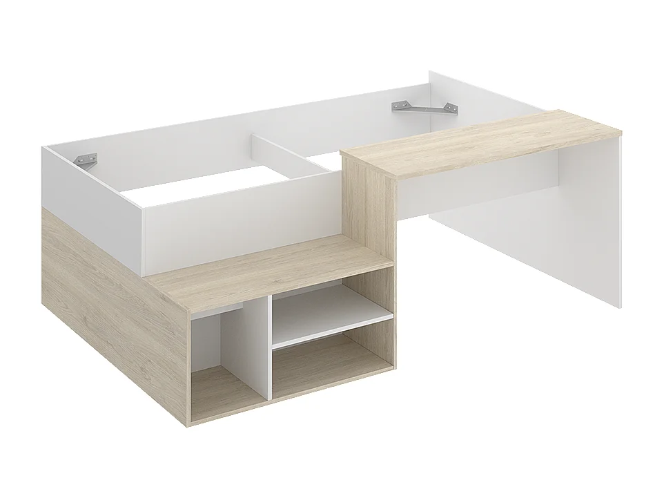 Lit 1 place 190x90 pour enfant combiné avec bureau et 3 compartiments de rangement, coloris blanc/naturel - Hauteur 72,7 x Longueur 133,8 x Profondeur 195,2 cm
