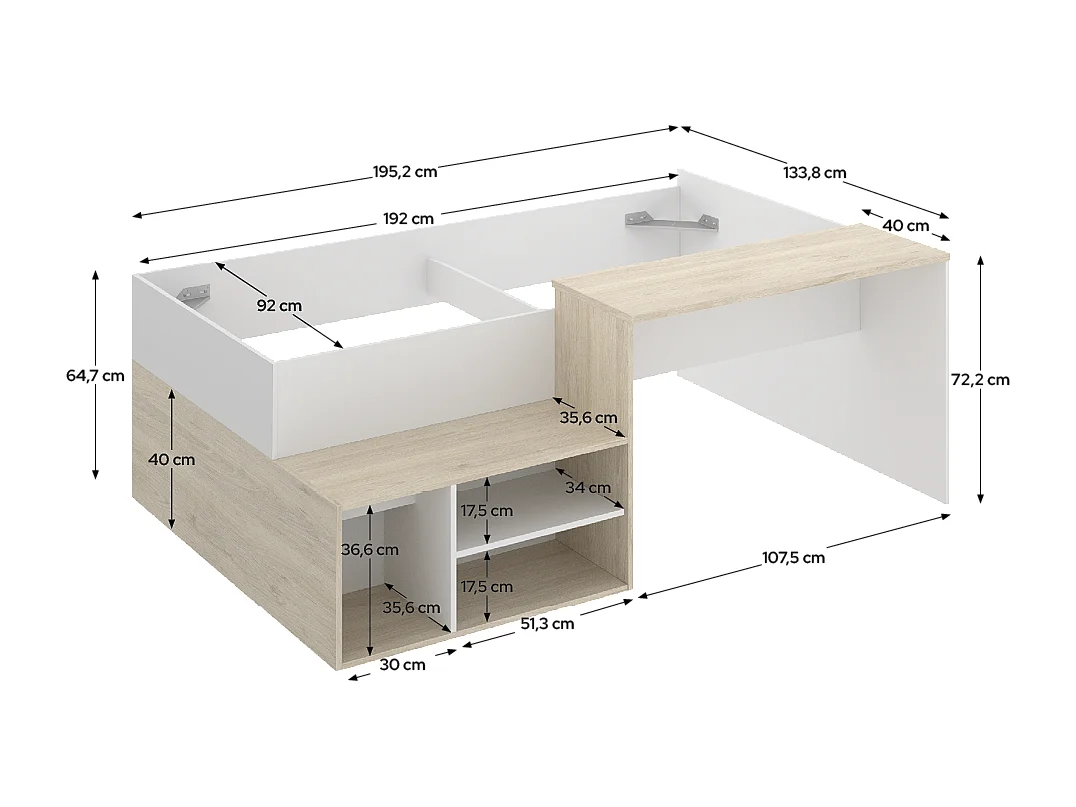 Lit 1 place 190x90 pour enfant combiné avec bureau et 3 compartiments de rangement, coloris blanc/naturel - Hauteur 72,7 x Longueur 133,8 x Profondeur 195,2 cm