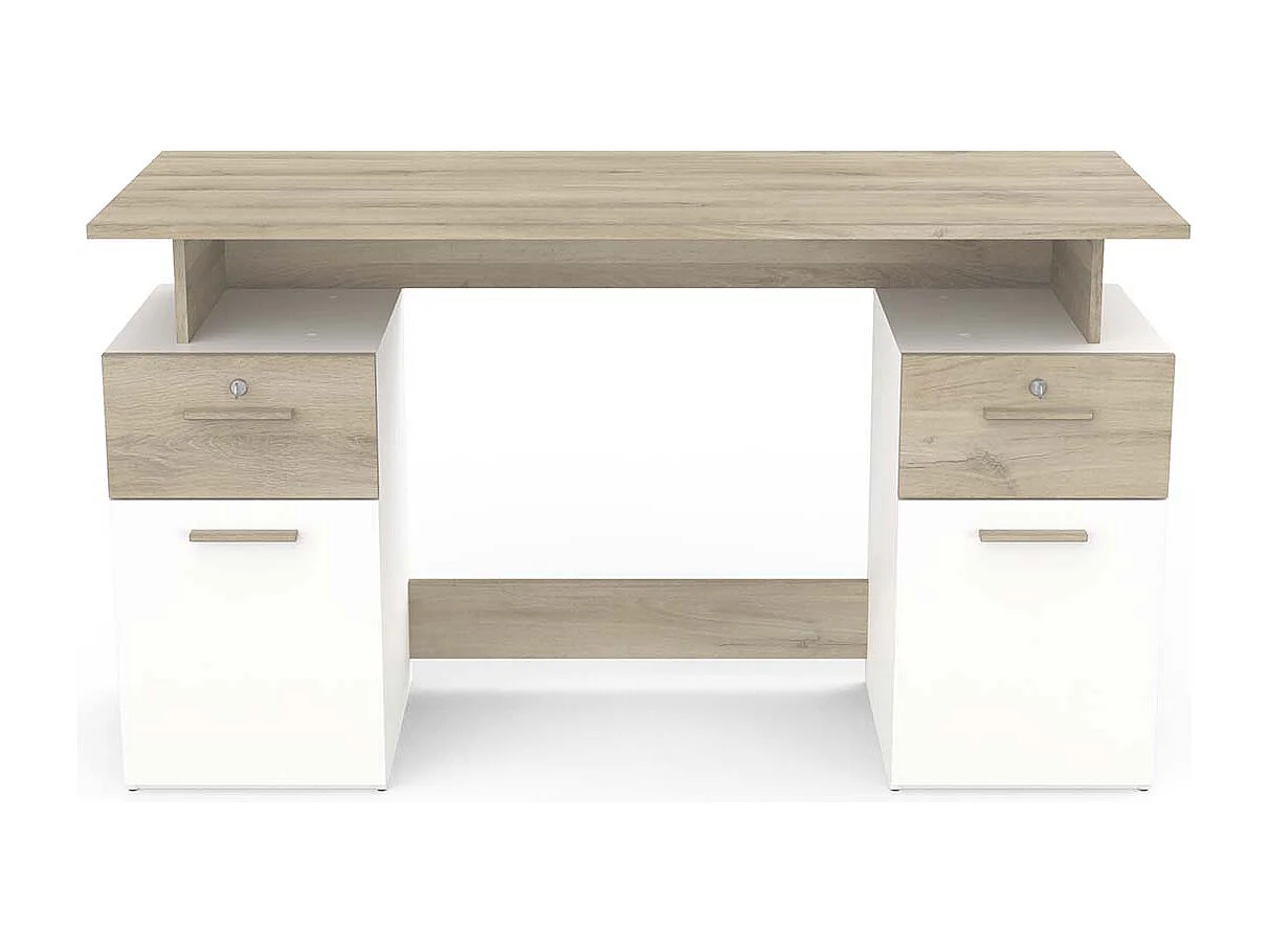 Bureau meuble de rangement 2 tiroirs 2 portes couleur chêne / blanc mat - Largeur 134,8 x Profondeur 55 x Hauteur 76,4 cm