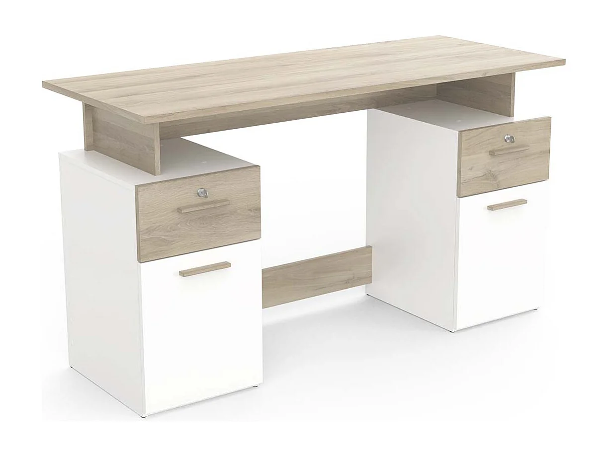Bureau meuble de rangement 2 tiroirs 2 portes couleur chêne / blanc mat - Largeur 134,8 x Profondeur 55 x Hauteur 76,4 cm