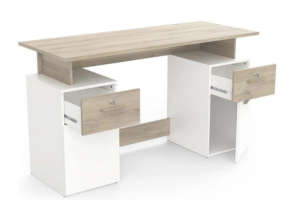 Bureau meuble de rangement 2 tiroirs 2 portes couleur chêne / blanc mat - Largeur 134,8 x Profondeur 55 x Hauteur 76,4 cm