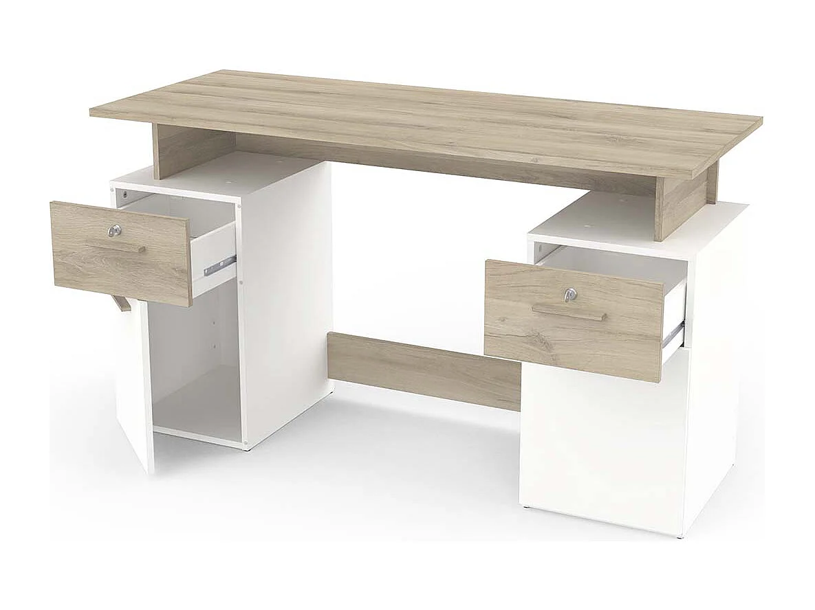 Bureau meuble de rangement 2 tiroirs 2 portes couleur chêne / blanc mat - Largeur 134,8 x Profondeur 55 x Hauteur 76,4 cm