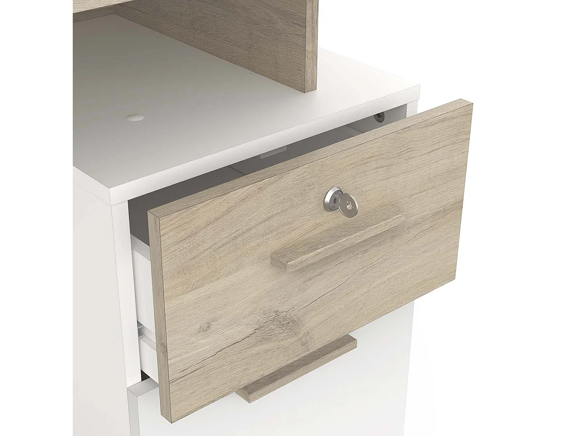 Bureau meuble de rangement 2 tiroirs 2 portes couleur chêne / blanc mat - Largeur 134,8 x Profondeur 55 x Hauteur 76,4 cm
