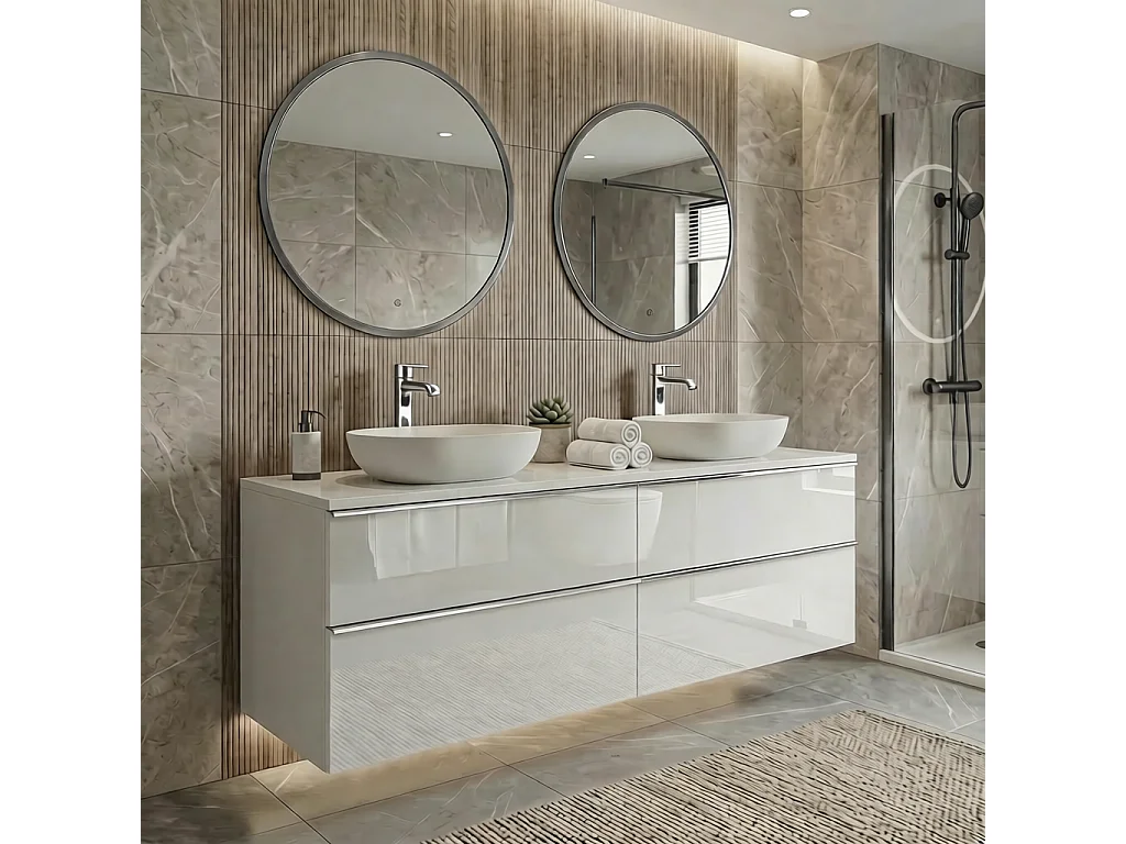 Meuble de salle de bain suspendu 120 cm avec tiroirs - blanc brillant - double vasque - ONE