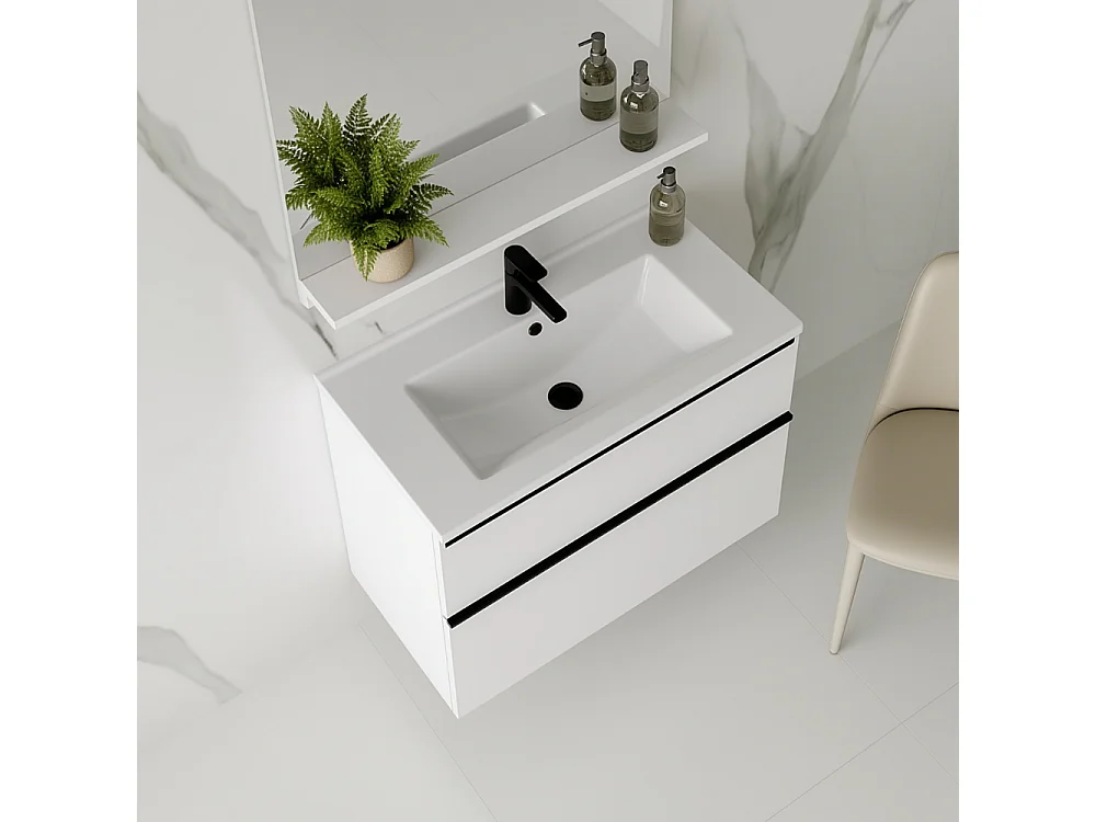 Meuble de salle de bain suspendu ONE 60 cm avec lavabo - 2 tiroirs - blanc brillant - ONE