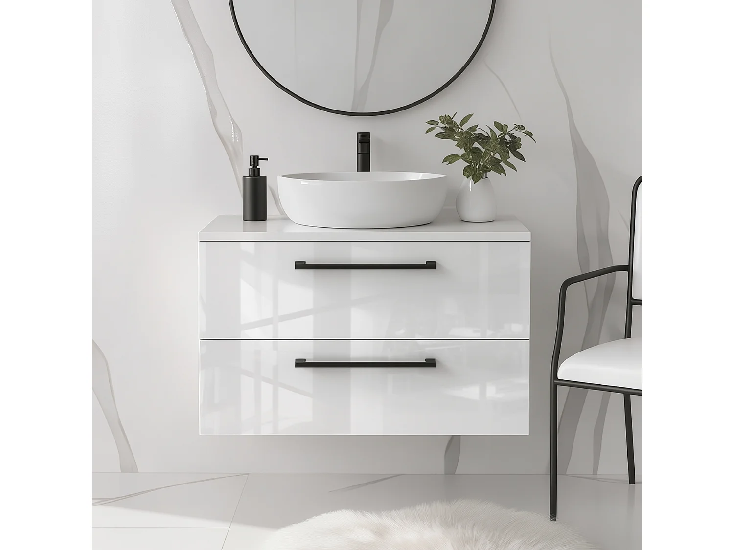 Meuble de salle de bain suspendu 80 cm - blanc brillant - 2 tiroirs - ONE