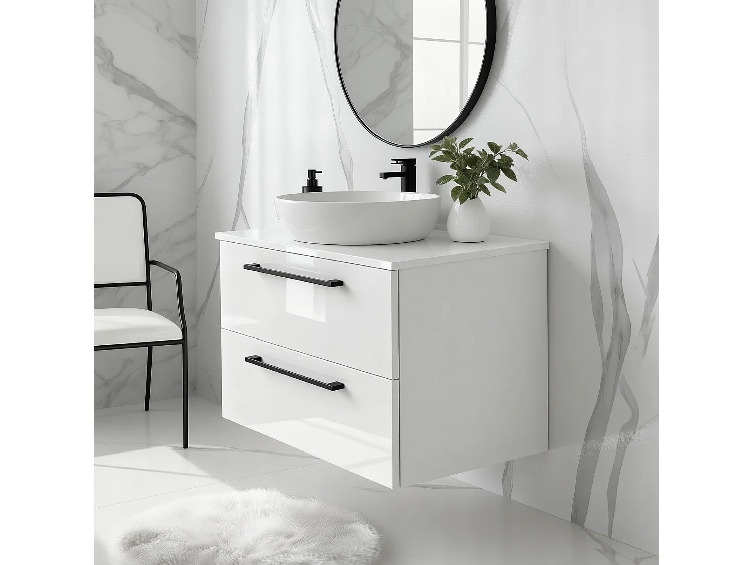 Meuble de salle de bain suspendu 80 cm - blanc brillant - 2 tiroirs - ONE