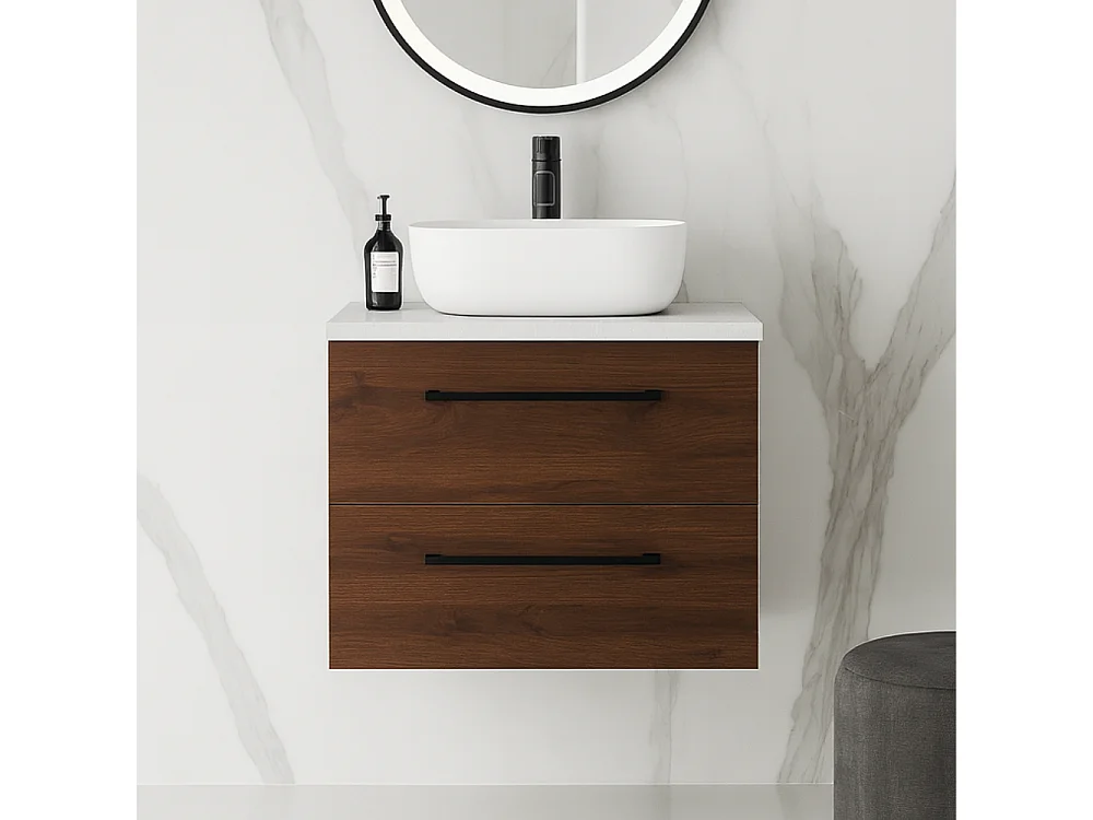 Mueble de baño suspendido 60 cm con lavabo – nogal – 2 cajones – ONE