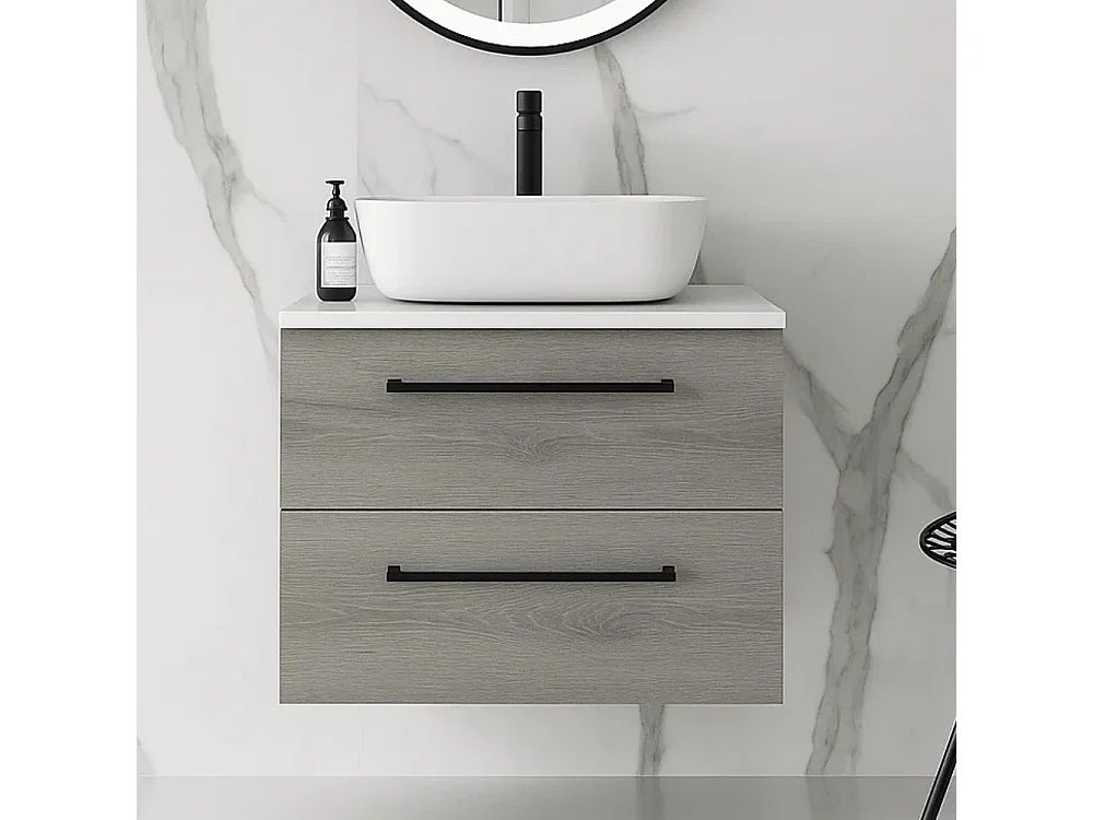 Meuble de salle de bain suspendu 80 cm avec lavabo – gris – 2 tiroirs – ONE