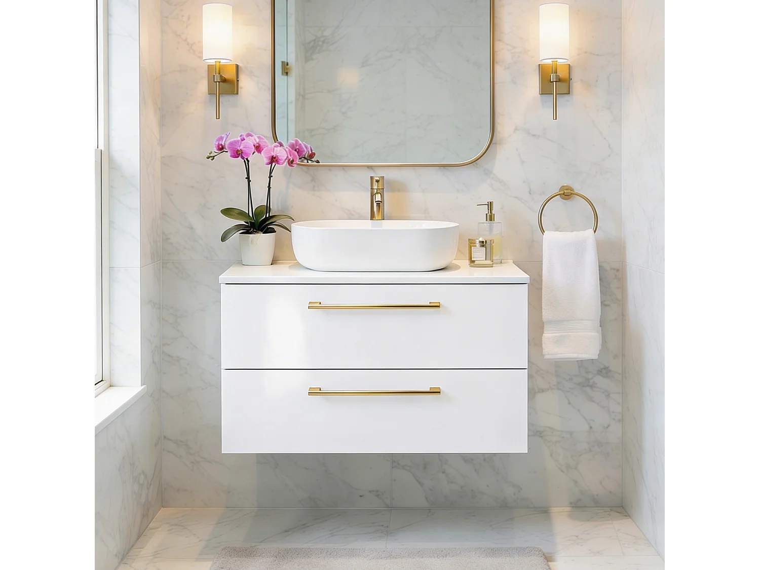 Meuble de salle de bain suspendu 80 cm - blanc brillant - 2 tiroirs - ONE