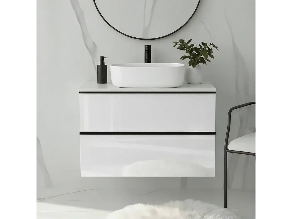 Mueble de baño suspendido 80 cm con lavabo – blanco brillo – 2 cajones – ONE