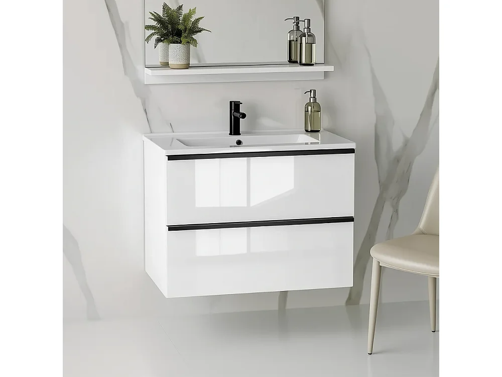 Meuble de salle de bain suspendu ONE 80 cm avec lavabo - 2 tiroirs - blanc brillant - ONE