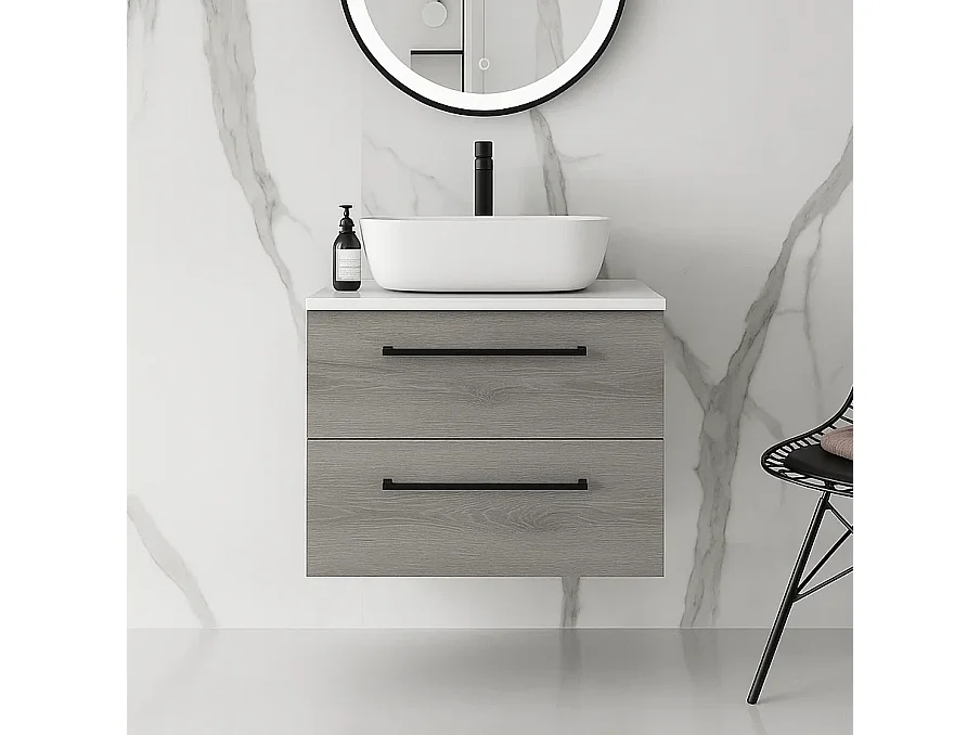 Meuble de salle de bain suspendu 60 cm avec lavabo – gris – 2 tiroirs – ONE