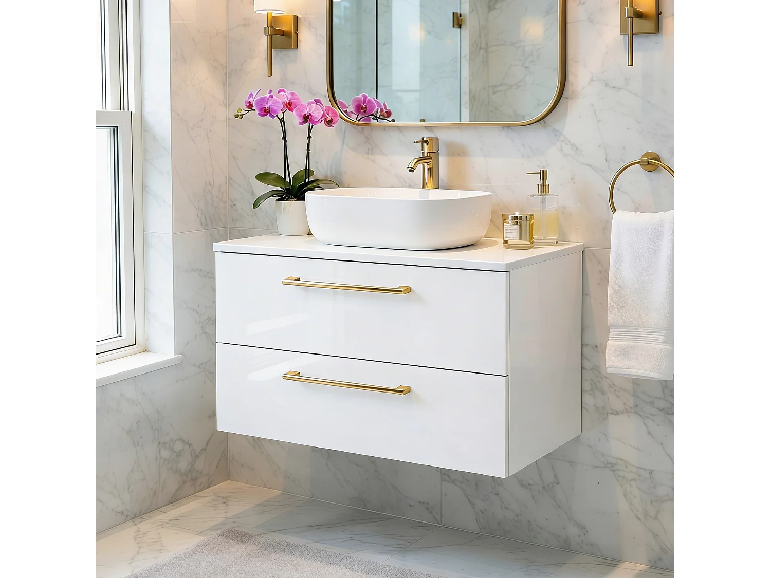 Mueble de baño suspendido 60 cm con lavabo – blanco brillo – 2 cajones – ONE