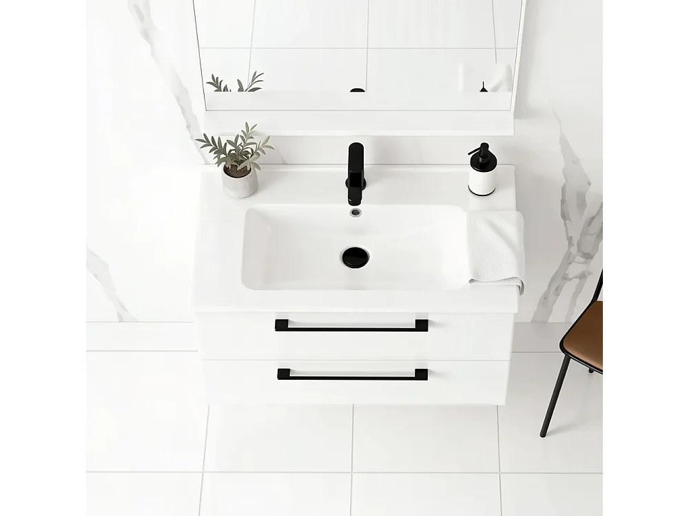 Móvel de casa de banho suspenso ONE 60 cm com lavatório - 2 gavetas - branco brilhante - ONE