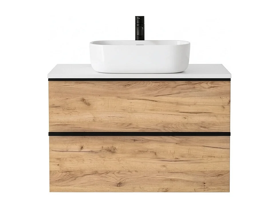 Mobile bagno sospeso 80 cm con lavabo – rovere craft dorato – 2 cassetti – ONE