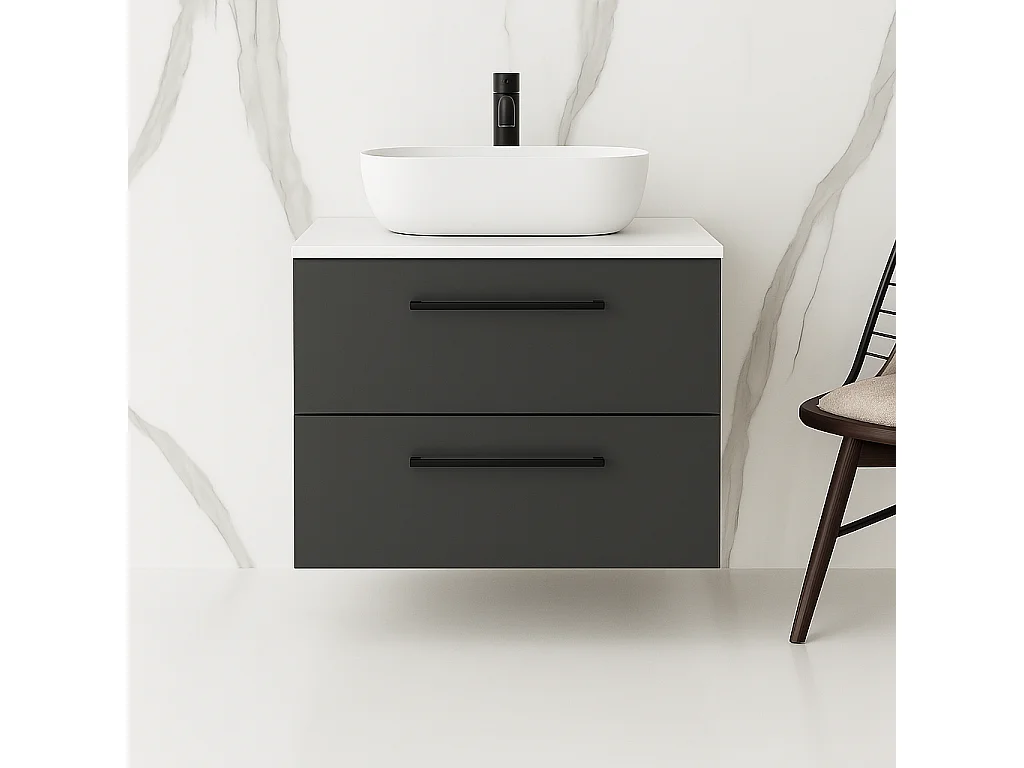 Meuble de salle de bain suspendu 80 cm avec lavabo – anthracite – 2 tiroirs – ONE