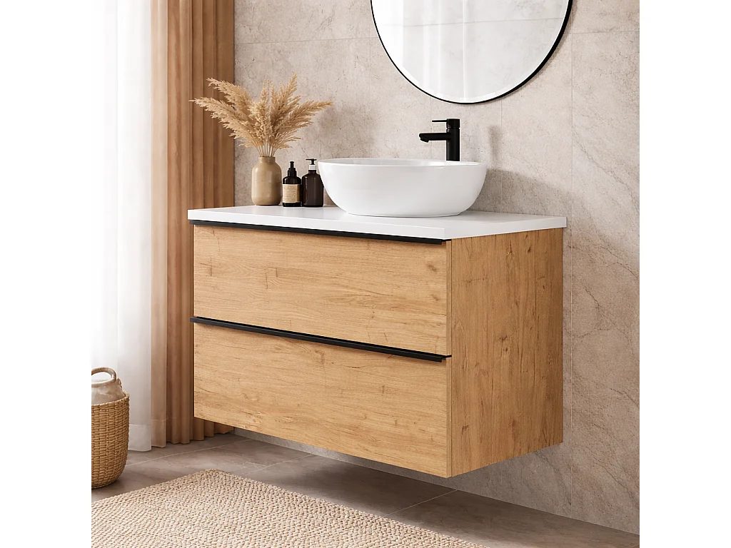 Meuble de salle de bain suspendu 60 cm -  chêne craft - 2 tiroirs - ONE