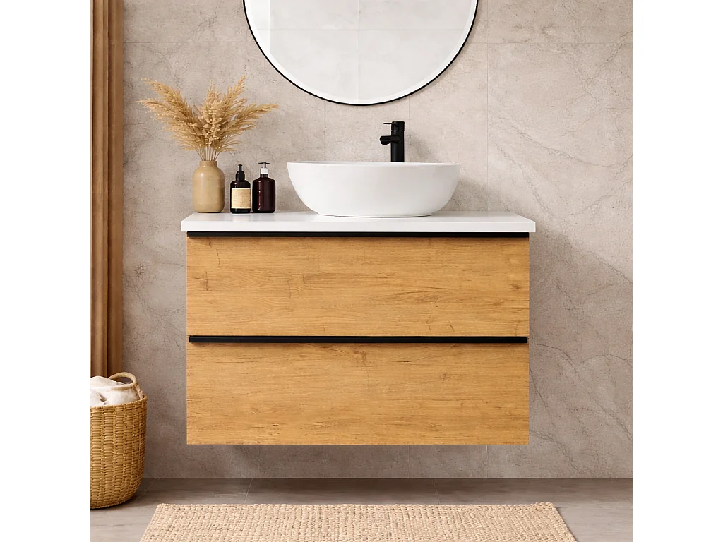 Meuble de salle de bain suspendu 60 cm -  chêne craft - 2 tiroirs - ONE