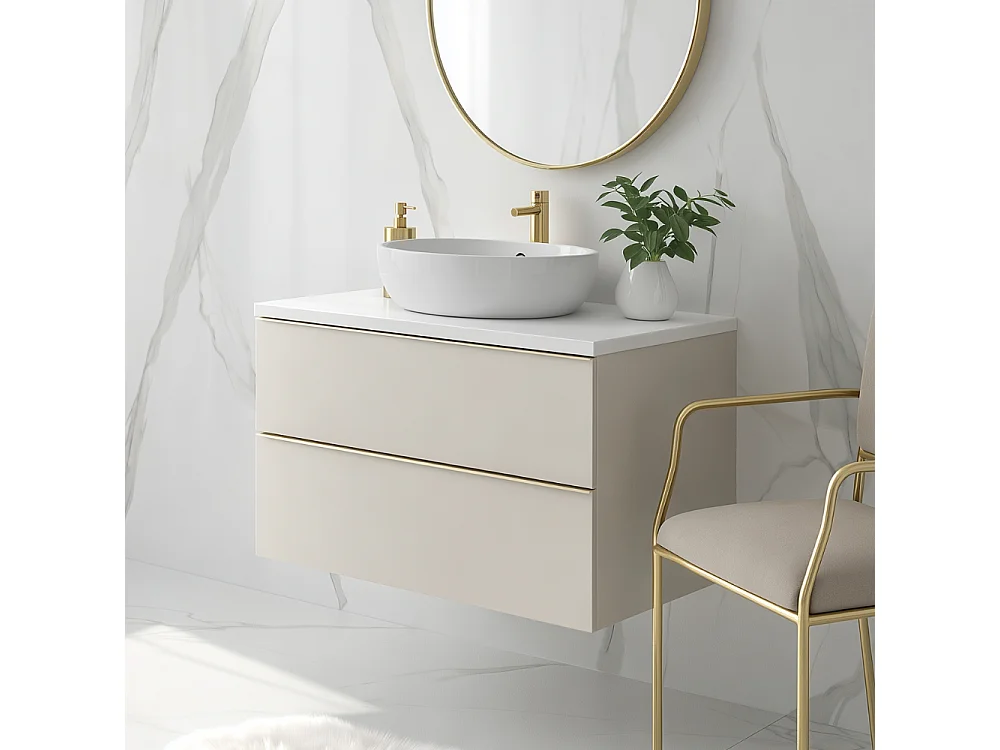 Meuble salle de bain suspendu ONE 80 cm - 2 gavetas - branco brilhante - caxemira - ONE