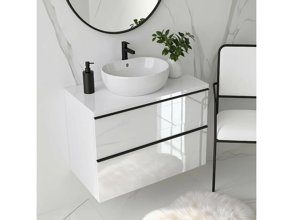 Meuble salle de bain suspendu ONE 60 cm - 2 tiroirs - blanc brillant - ONE