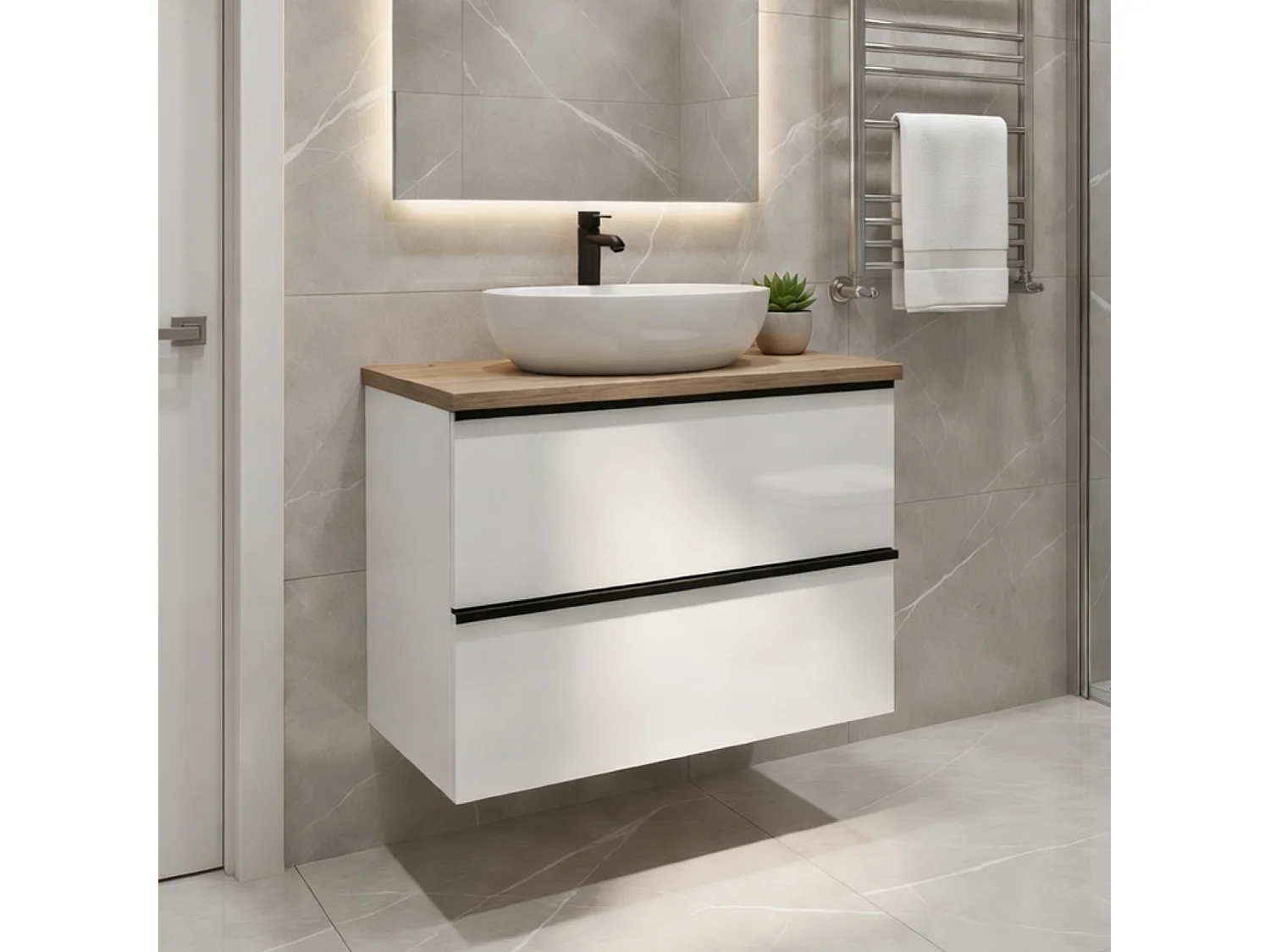 Meuble de salle de bain suspendu 80 cm - blanc brillant - chêne artisan - 2 tiroirs - ONE