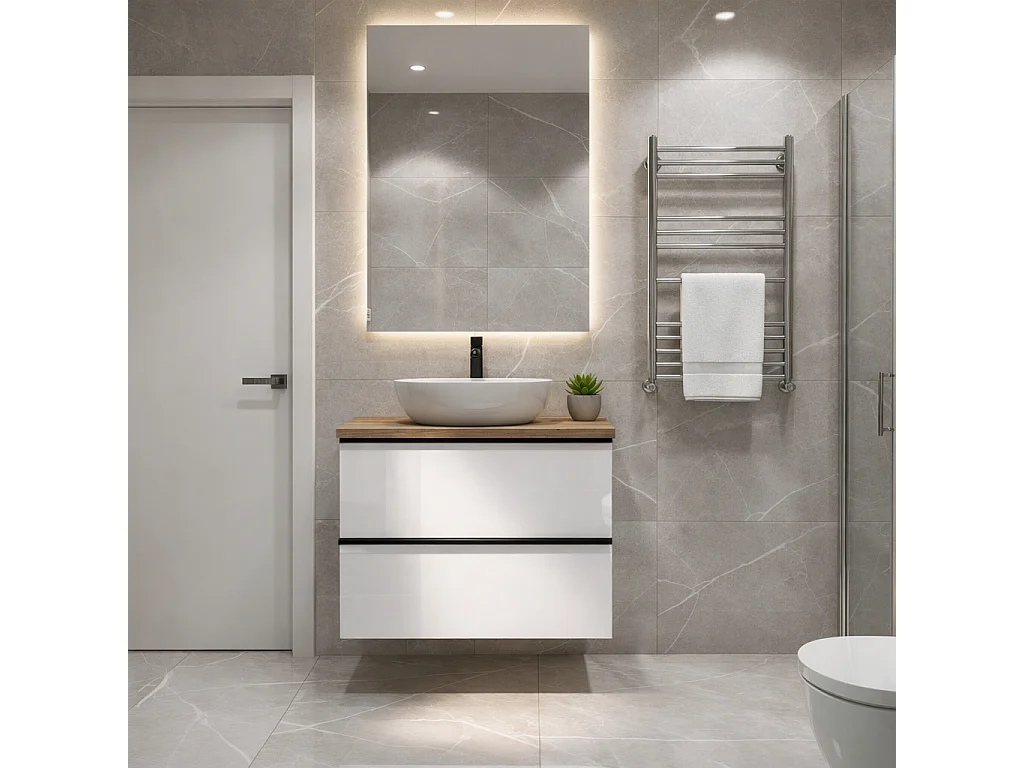 Meuble de salle de bain suspendu 80 cm - blanc brillant - chêne artisan - 2 tiroirs - ONE