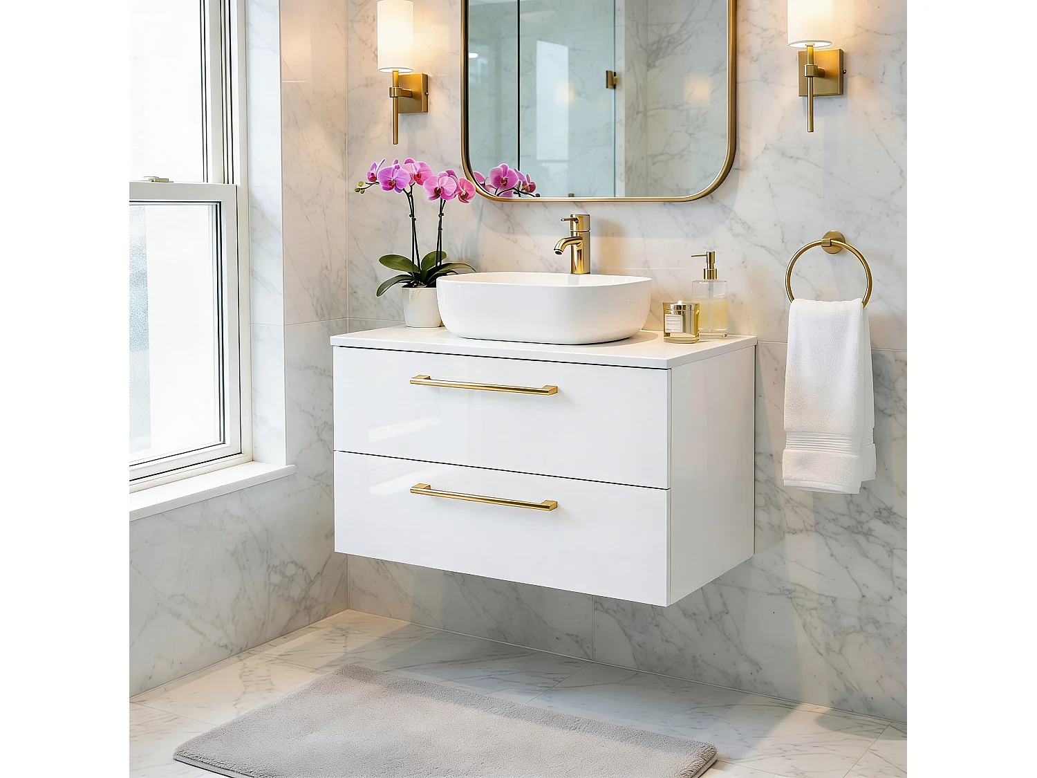 Meuble de salle de bain suspendu 60 cm - blanc brillant - 2 tiroirs - ONE