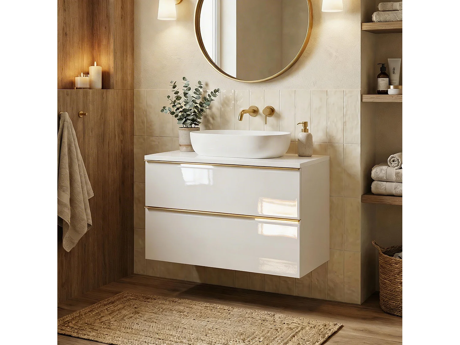 Mobile bagno sospeso 60 cm con lavabo – bianco lucido – 2 cassetti – ONE