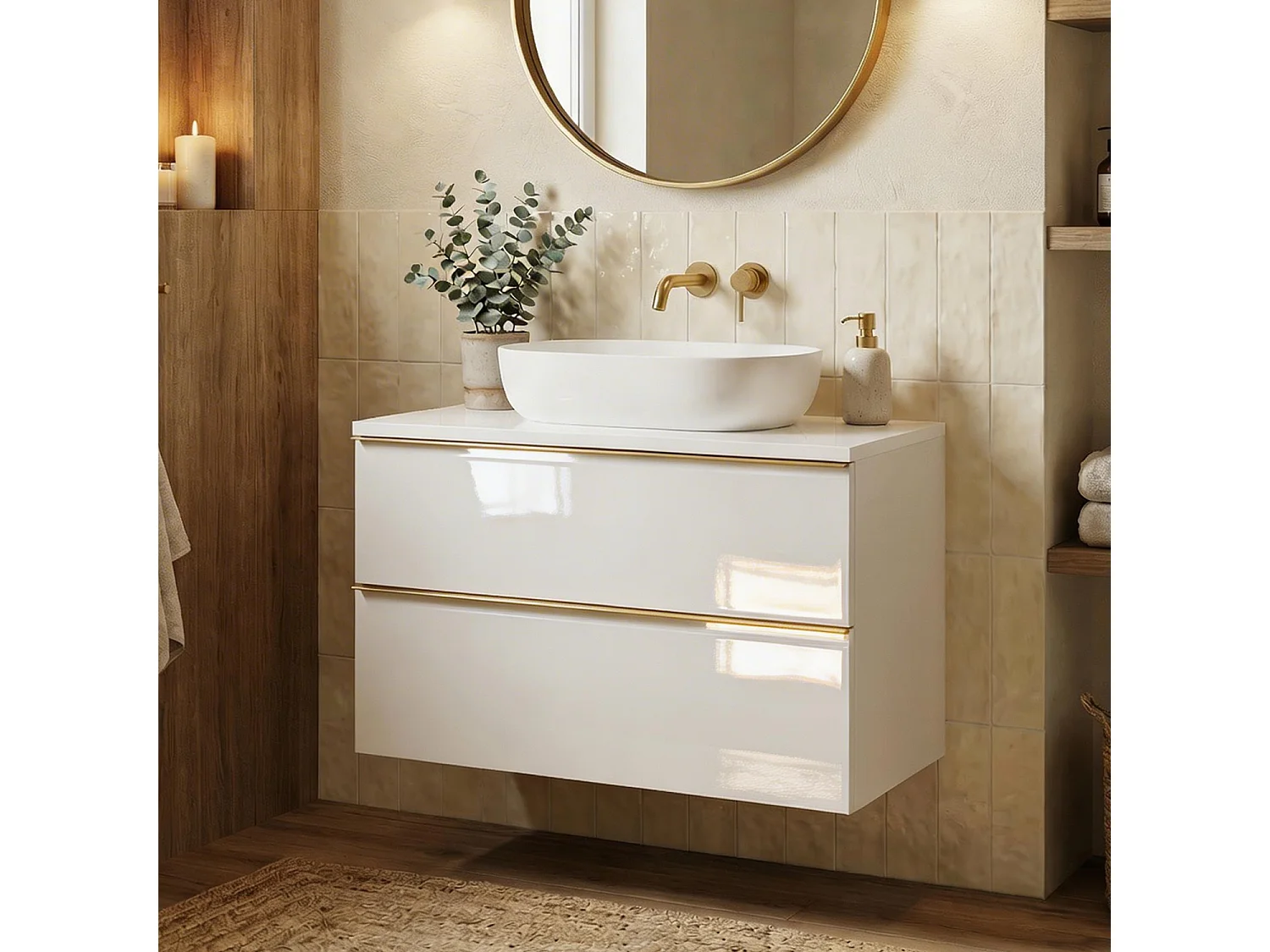 Mobile bagno sospeso 60 cm con lavabo – bianco lucido – 2 cassetti – ONE