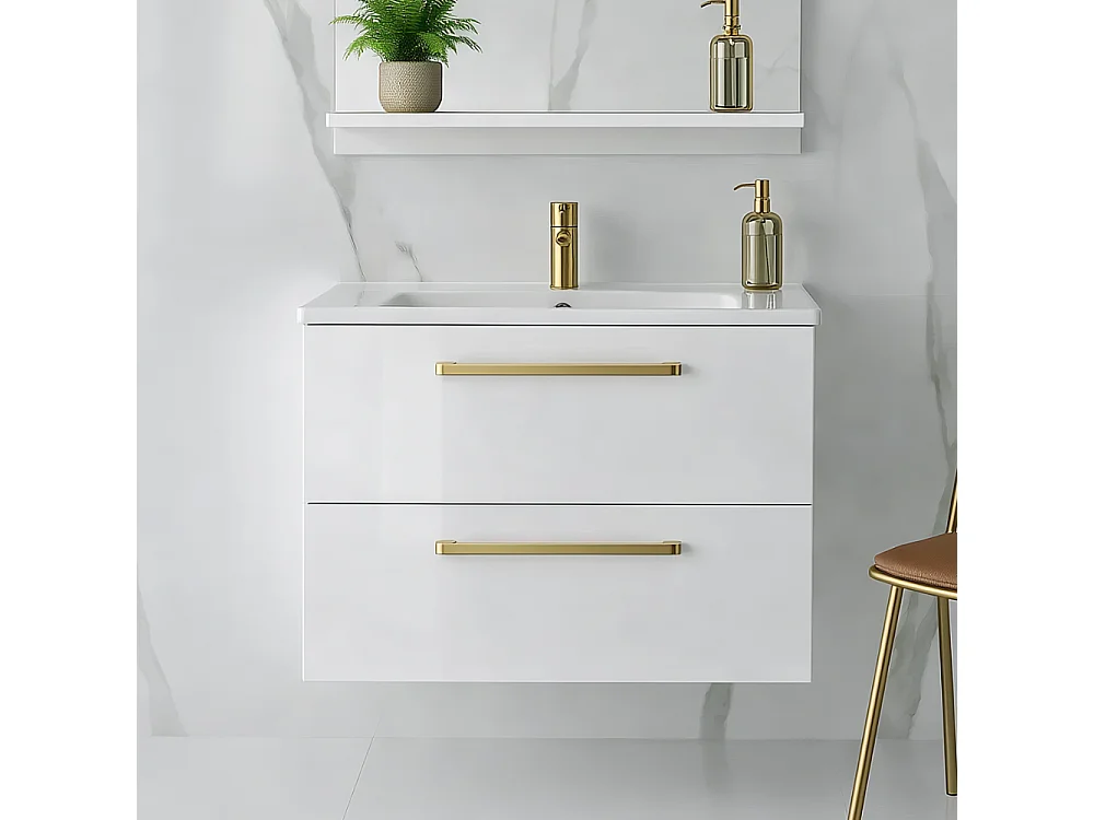 Móvel de casa de banho suspenso ONE 80 cm com lavatório - 2 gavetas - branco brilhante - ONE