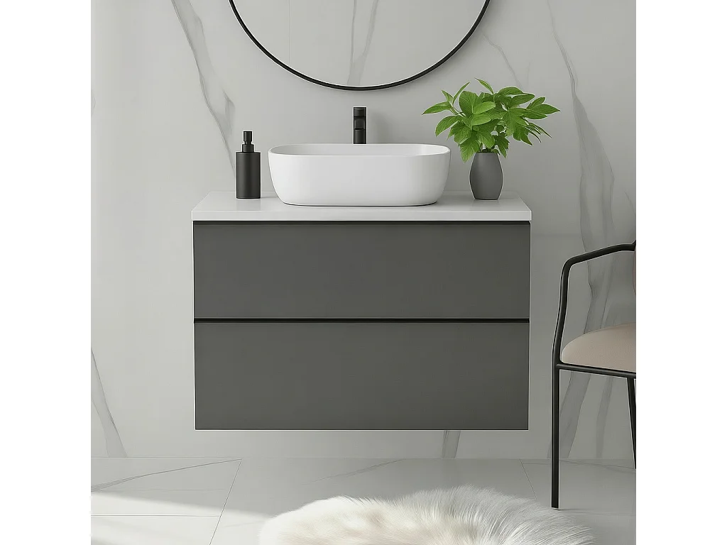 Meuble de salle de bain suspendu 80 cm avec lavabo – anthracite – 2 tiroirs – ONE