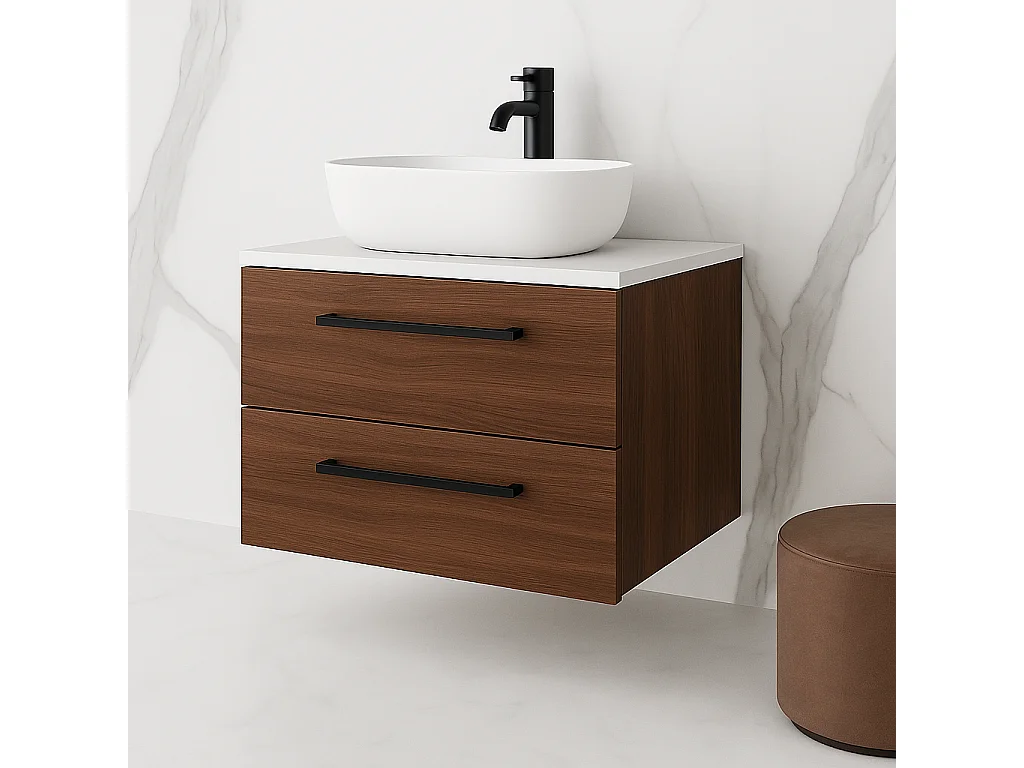 Mobile bagno sospeso 80 cm con lavabo – noce – 2 cassetti – ONE