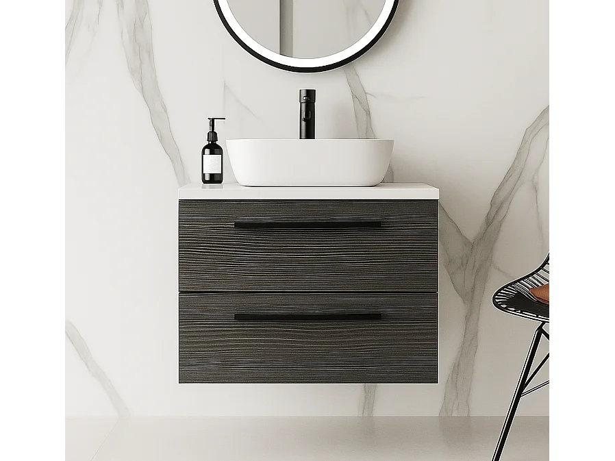 Meuble de salle de bain suspendu 60 cm avec lavabo – gris – 2 tiroirs – ONE